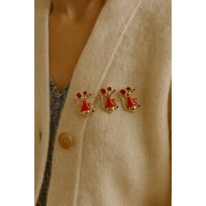 Vintage Three Blind Mice Brooch Lot Gold Red Enamel 1 Inch Figurine Pins